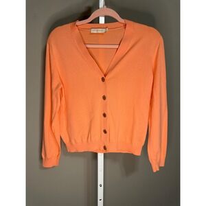 Tory Burch Orange V Neck Cardigan Sweater Cotton Logo Buttons Size S Old Money
